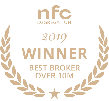 Circular award badge with a gold laurel wreath and the NFC Aggregation logo at the top, displaying '2019 WINNER' and 'BEST BROKER OVER 10M'.