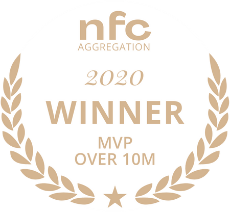 Circular award badge with gold laurel border and the text 'nfc Aggregation 2020 WINNER MVP OVER 10M'.