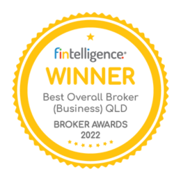 Award badge: FINtelligence WINNER for Best Overall Broker (Business) – QLD Broker Awards 2022, gold-bordered circular seal