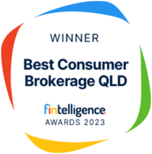 Winner badge: Best Consumer Brokerage QLD, Fin Intelligence Awards 2023, surrounded by blue, red, green and yellow swooshes.