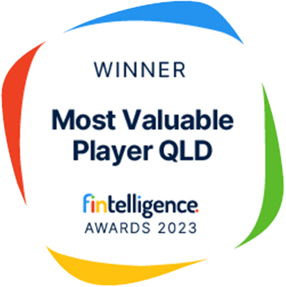 Circular award badge with multicolored curved arcs; reads 'WINNER Most Valuable Player QLD' and 'Fin intelligence AWARDS 2023' (Fin Intelligence Awards 2023).