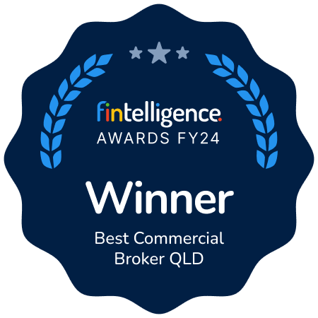 Award badge stating 'Winner Best Commercial Broker QLD' from Fin Intelligence Awards FY24 (dark blue scalloped badge).
