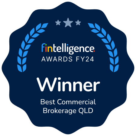 Winner badge for Fin Intelligence Awards FY24: Best Commercial Brokerage QLD, featuring blue laurel wreaths and three stars.