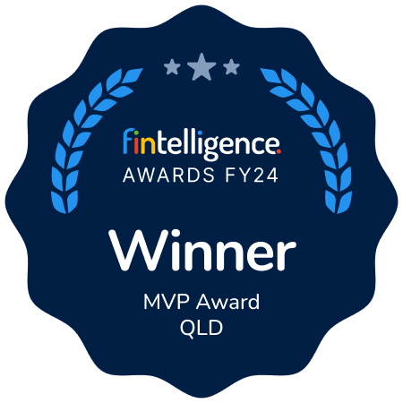 Blue scalloped award badge with laurel branches and three stars, displaying the finintelligence logo and the text: 'AWARDS FY24', 'Winner', 'MVP Award', 'QLD'.