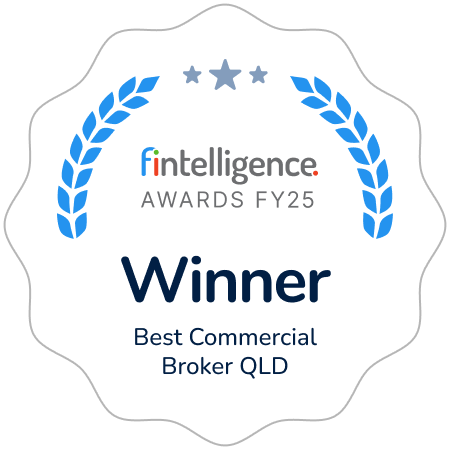 Award badge: Winner — Best Commercial Broker QLD, fintelligence Awards FY25, with blue laurel designs. (concise and informative)