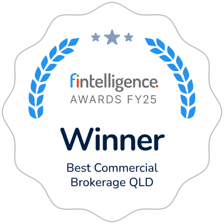 Winner badge: Best Commercial Brokerage QLD, fintelligence Awards FY25, with blue laurel borders