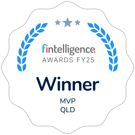 Award badge with blue laurel arches and the words 'Fintelligence Awards FY25' and 'Winner' (MVP, QLD).